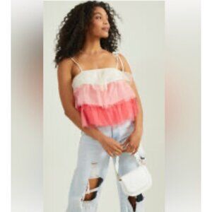 Altar'd State Anastasia Tank Top Womens Medium Pink Tiered Tulle Ruffle Cami